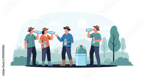 Farmers Hydrating in Field: Group Drinking Water Amidst Nature