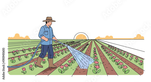 Farmer Watering Flower Field at Sunrise Illustration