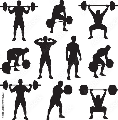 set of silhouettes of men lifting weights in various poses