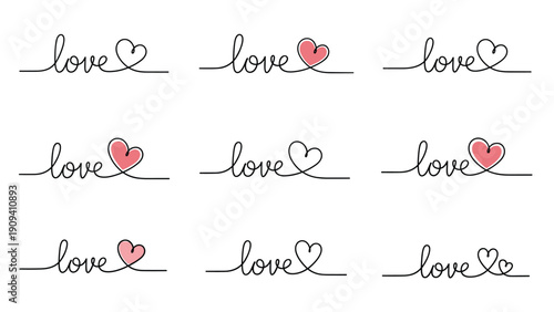 Elegant grid of the word love written in a cursive font, each ending in a delicate heart shape with some hearts colored pink and some outlined.