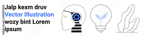 Artificial intelligence, technology innovation, sustainable growth, energy efficiency, futuristic concepts, digital ideas. Head with gear, lightbulb with leaf abstract plant. Artificial intelligence