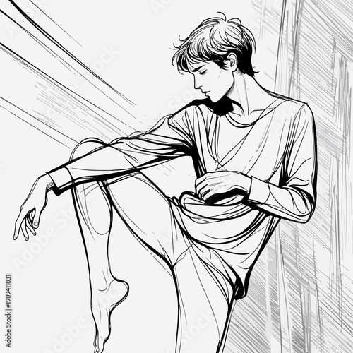 Dynamic Male Dancer Stretching – Minimal Line Art Illustration