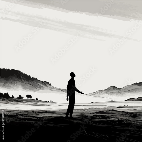 Minimalist Silhouette of Lonely Man in Vast Landscape Black and White Art