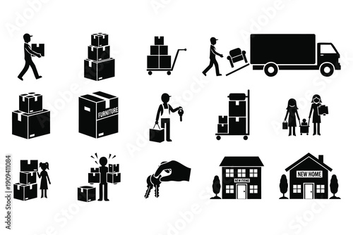 Comprehensive collection of moving and delivery icons featuring boxes furniture trucks and people isolated on transparent background perfect for logistics and relocation themes