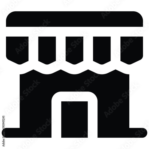 Black filled glyph of a storefront with awning. Clean retail and local business symbol for maps, directories, ecommerce, and marketplace visuals. Bold minimal style on white background.