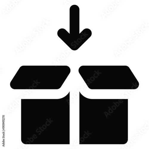 Black solid glyph of an open package box with downward arrow. Delivery, shipping, download, and logistics concept. Minimal bold style for apps, ecommerce, and warehouse graphics.