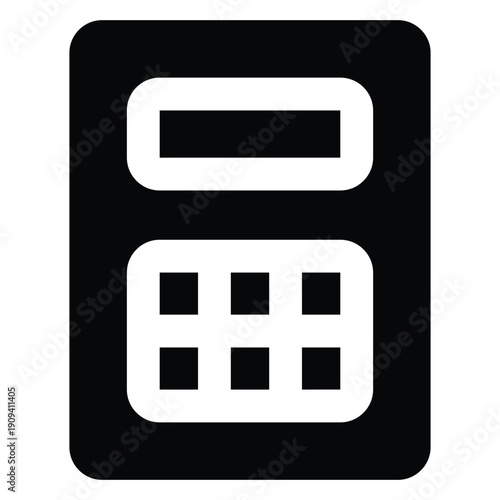Black solid illustration of a calculator. Minimal bold style representing accounting, budgeting, financial calculation, business math, and office tools isolated on white background.