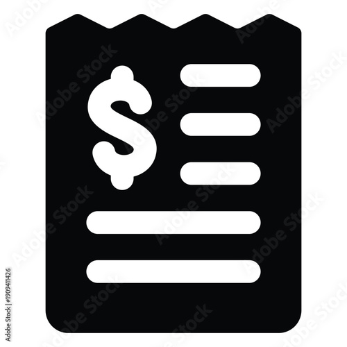 Black solid illustration of an invoice receipt. Minimal bold style representing billing, payment records, transactions, accounting, and financial documentation isolated on white background.