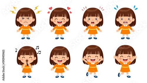 A collection of cartoon girls displaying various emotional expressions including anger happiness sadness and surprise in a simple style high quality professional detailed modern elegant