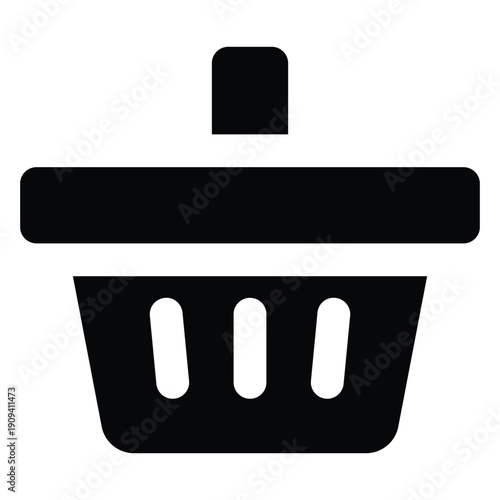 Black solid illustration of a shopping basket. Minimal bold style representing retail purchases, supermarket selection, consumer goods, and buying concepts isolated on white background.