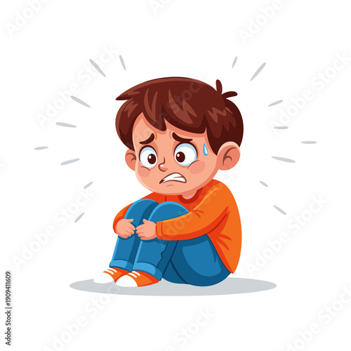 A worried young boy is depicted sitting with his knees drawn up to his chest displaying clear signs of distress and fear high quality professional
