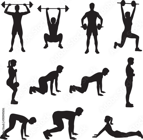 Silhouette of people doing various exercises with weights and dumbbells