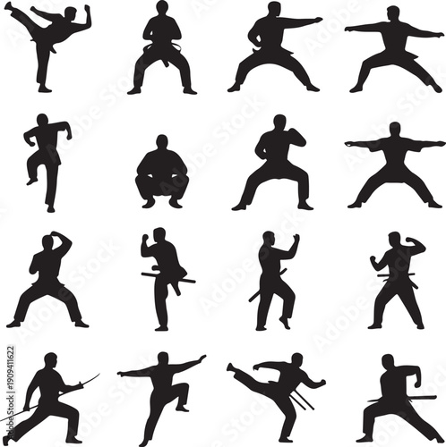 Silhouette martial arts poses with various stances and movements