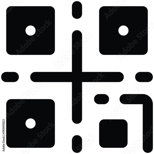 Black solid illustration of a QR code. Clean minimal style representing digital scanning, mobile payment, authentication, identification, and contactless technology on white background.