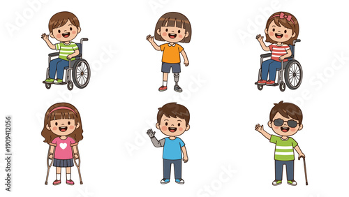 A diverse group of six smiling children are depicted showcasing various abilities and assistive devices like wheelchairs prosthetics and crutches high quality professional detailed modern