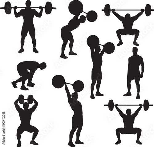 silhouette of people doing weight training exercises with barbells