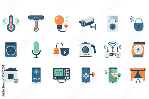 Modern collection of smart home and internet of things icons featuring thermostat light bulb security camera and more devices