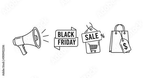 Black Friday Sale Icons: Megaphone, Ribbon, Shopping Cart Tag, Bag