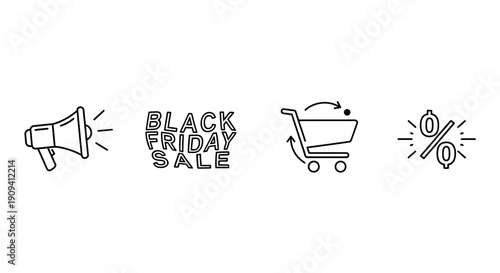 Black Friday Sale Icons: Megaphone, Shopping Cart, Percent Discount, Announcement
