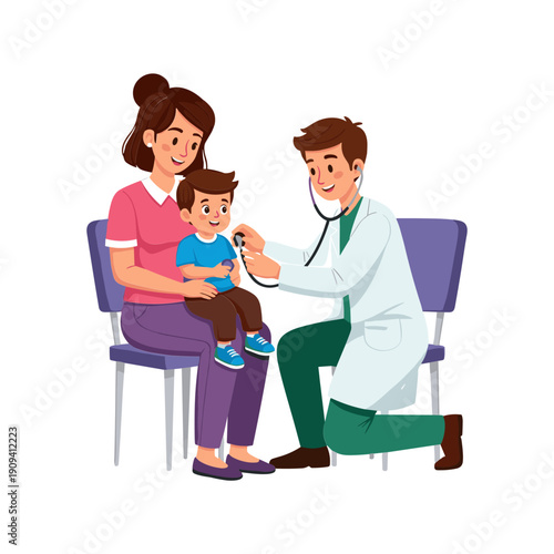 A caring doctor examines a young boy with a stethoscope while the mother looks on representing pediatric healthcare and family well being high quality professional
