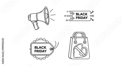 Black Friday Sale Icons: Megaphone, Tag, Shopping Bag, and Banner
