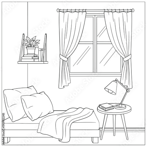 Cozy Bedroom Corner With Large Window Curtains Armchair Bookshelf And Reading Lamp interior