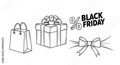 Black Friday Sale Icons: Shopping Bag, Gift Box, Discount Percentage, and Bow