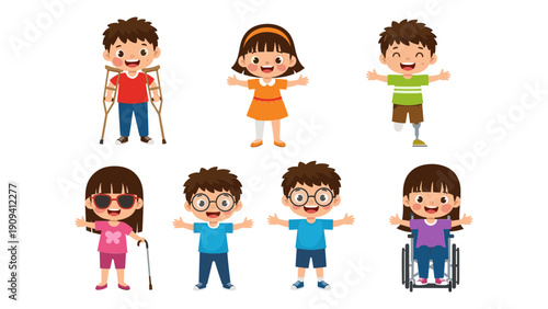 This illustration depicts six diverse children some with visible disabilities showcasing inclusivity and acceptance through cheerful expressions and open arms high quality professional detailed modern