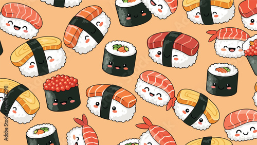 Delightful seamless pattern displays a variety of cute sushi rolls and nigiri with smiling faces on a warm peach background.