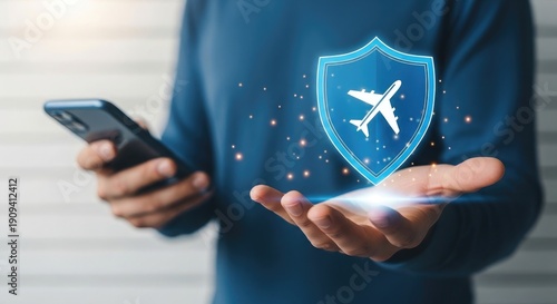 Person holding a smartphone with a shield and airplane icon