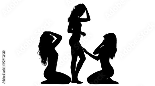 Silhouette of three females in various poses, showcasing elegance and artistry