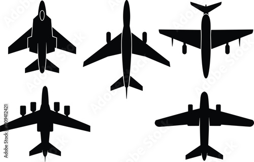 Airplane silhouette collection top view, military jet and passenger aircraft icons isolated on white background vector illustration
