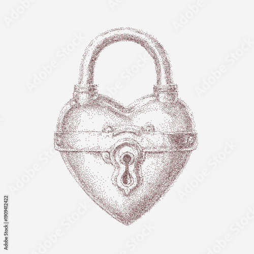 Vintage heart shaped lock with coarse grain, layered dust, rough scratches and worn edges on faded paper with subtle threshold texture.