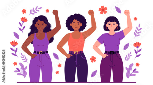 Three diverse women stand together, their fists raised in solidarity, surrounded by flowers and foliage. A symbol of strength and unity.