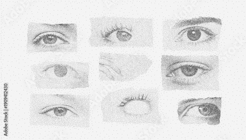 Collage background with different eyes in grainy halftone, textured paper overlay and speckled grit, creating a bold and aged surreal retro effect.
