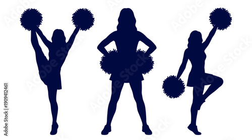 Silhouette of three cheerleaders striking dynamic poses with pom-poms in an energetic display