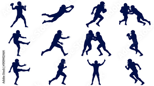 Silhouette collection of various football action poses. Football players in dynamic poses, with actions like throwing, running, and catching a ball. Showcasing power and precision in every movement