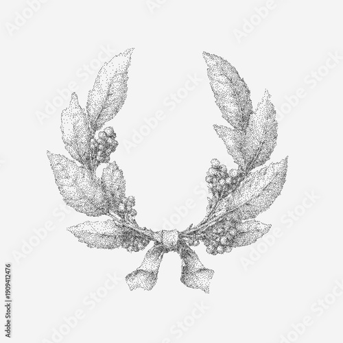 Elegant leaf wreath with soft grain, scattered dust, faint shading, textured folds and subtle paper aging with vintage tones.