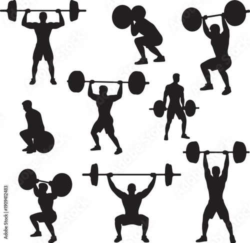 silhouette of people lifting weights in various positions on white background