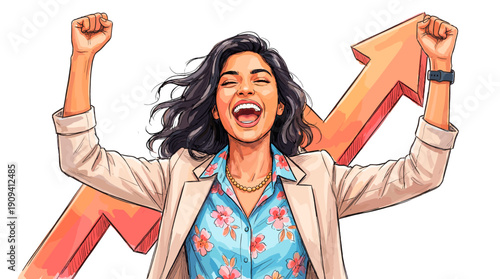 A woman exults in achieving success, with arms raised and an upward arrow indicating progress and growth. Her face is alight with happiness and her clothes suggesting professionalism