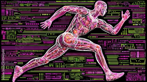 silhouette jumping to techno beat, neon outlines, deep shadow cyber club