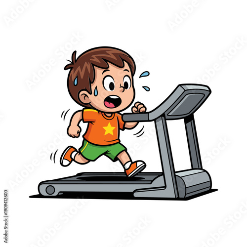 A cartoon illustration depicts a young boy struggling to run on a treadmill appearing exhausted and overwhelmed by the exercise high quality professional detailed modern