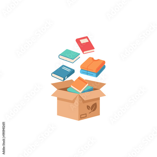 A cardboard box filled with books and clothes, ready for donation or moving