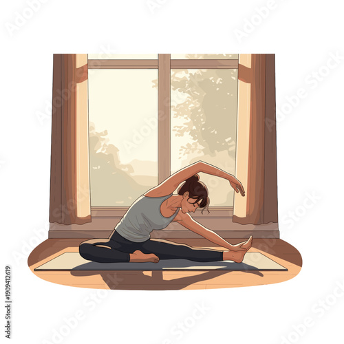 A woman performing yoga stretch in a bright room with window