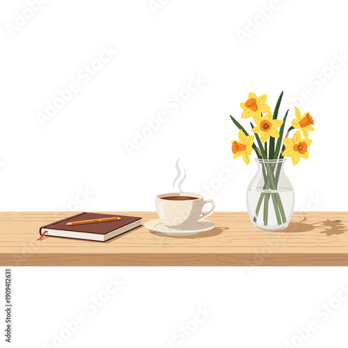 A cozy still life featuring a cup of coffee, flowers, a notebook, and a pencil arranged on a wooden table, evoking a sense of tranquility