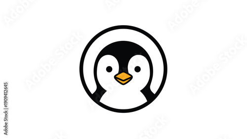 Cute cartoon penguin face is centered inside a thick black circular border against a plain white background in a minimalist style.