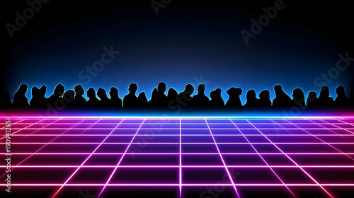 crowd wearing glowing accessories, synchronized dancing, immersive dark environment