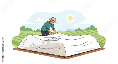Farmer Tending Greenhouse Cover Over Seedlings in Rural Field