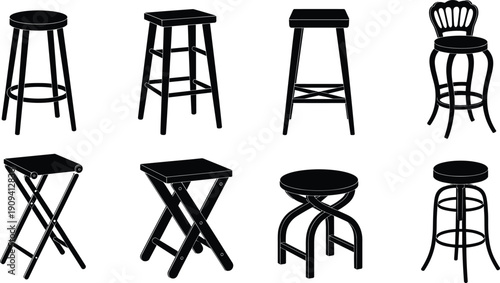 Bar stool silhouettes collection, wooden metal folding vintage modern seating furniture vector set isolated on white background