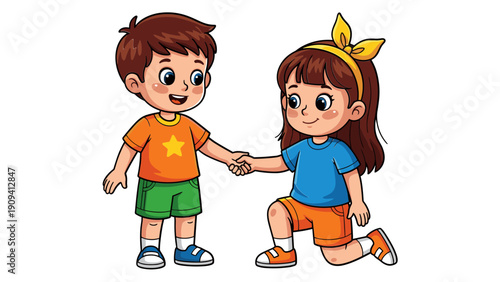 A cheerful boy and girl are holding hands showcasing a sweet moment of friendship and connection in a colorful illustration high quality professional detailed modern